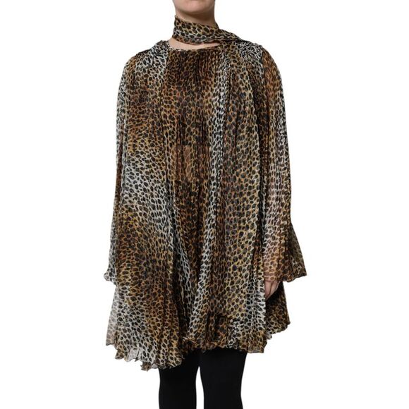 Dolce & Gabbana Brown Leopard Print Scarf Collared Chiffon Women's Dress